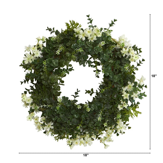 Nearly Natural 18” Eucalyptus And Dancing Daisy Double Ring Artificial Wreath With Twig Base - lily & onyx