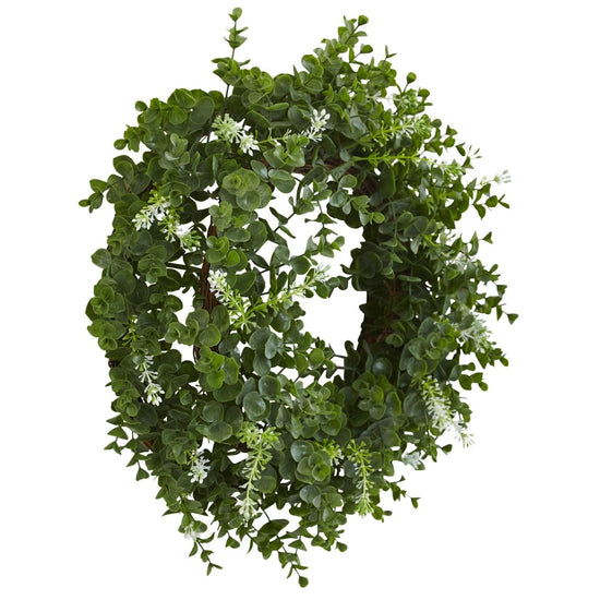 Nearly Natural 18” Eucalyptus Double Ring Wreath With Twig Base - lily & onyx