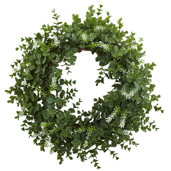 Nearly Natural 18” Eucalyptus Double Ring Wreath With Twig Base - lily & onyx