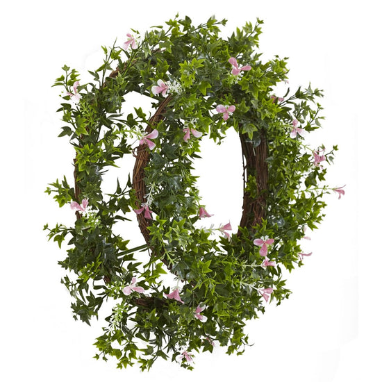 Load image into Gallery viewer, Nearly Natural 18” Mini Ivy &amp;amp; Floral Double Ring Wreath with Twig Base - lily &amp;amp; onyx
