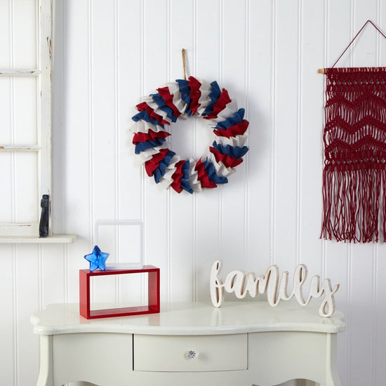 Load image into Gallery viewer, Nearly Natural 18” Red White And Blue “Americana” Burlap Wreath - lily &amp;amp; onyx
