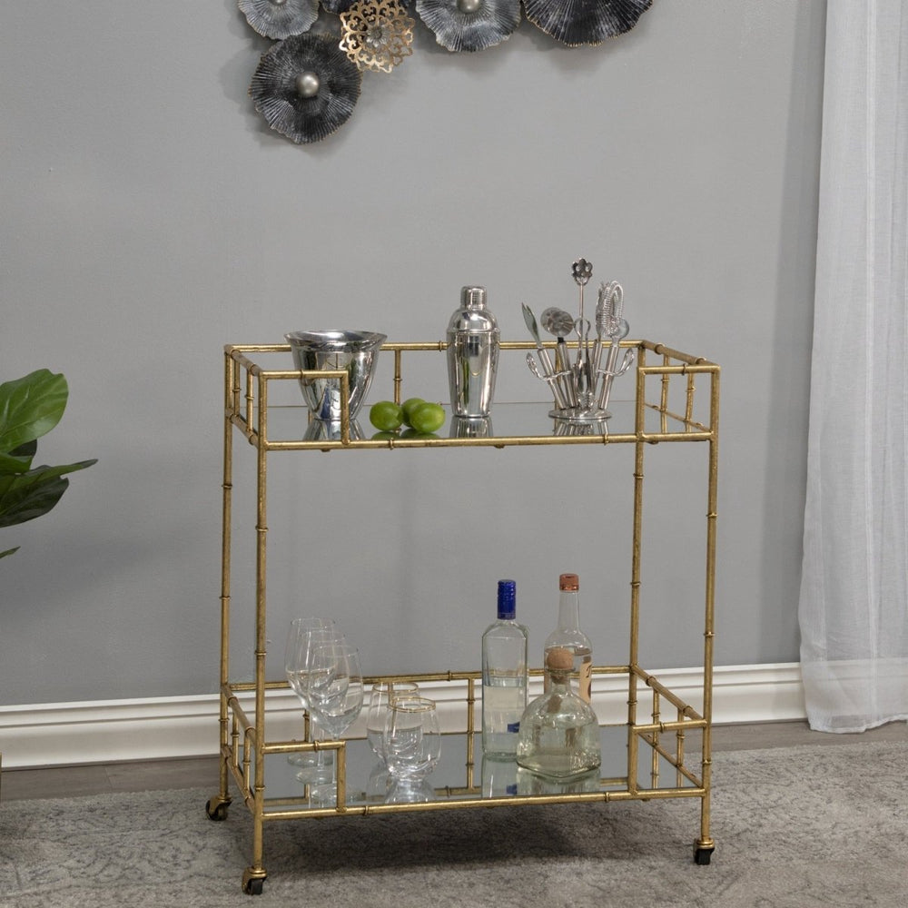 Sagebrook Home 2-Tier Metal Rectangular Bar Cart with Mirror Top, Gold, 31