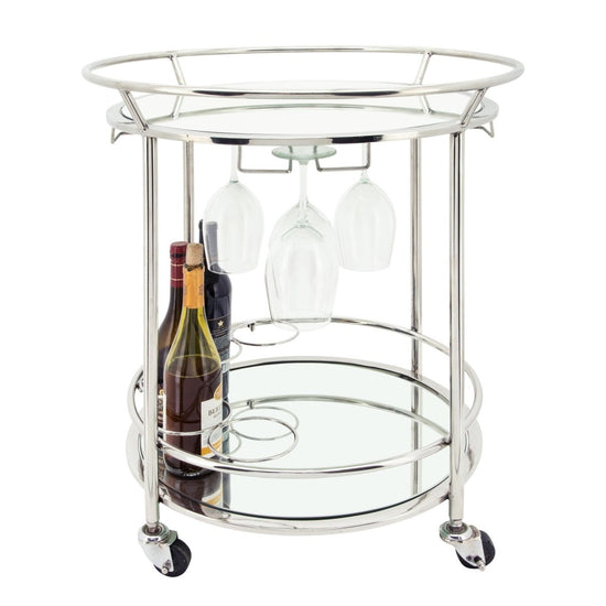 Sagebrook Home 2-Tier Round Stainless Steel Rolling Bar Cart with Mirror Glass Top, Silver, 27"H - lily & onyx