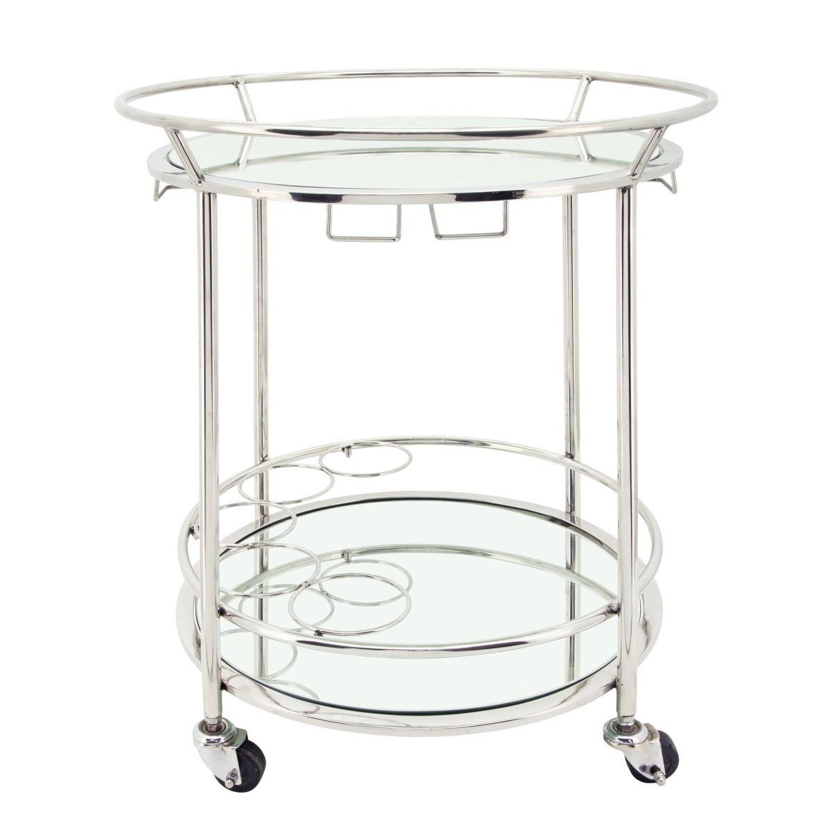 Sagebrook Home 2-Tier Round Stainless Steel Rolling Bar Cart with Mirror Glass Top, Silver, 27"H - lily & onyx