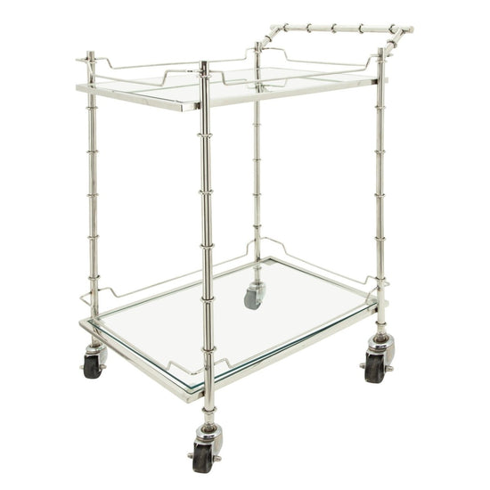 Sagebrook Home 2-Tier Stainless Steel Rolling Bar Cart with Glass Top, Silver, 30"H - lily & onyx