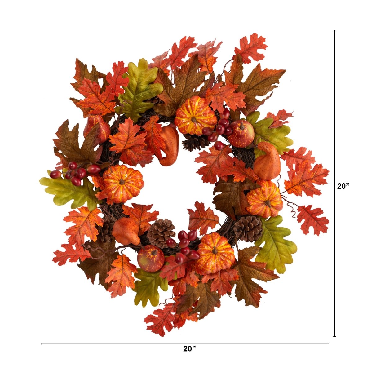 Nearly Natural 20” Autumn Assorted Maple Leaf, Pumpkin Gourd, Pinecone And Berry Artificial Wreath - lily & onyx