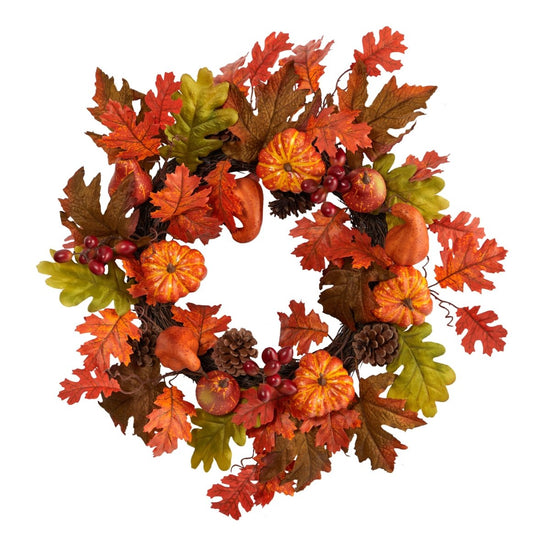 Nearly Natural 20” Autumn Assorted Maple Leaf, Pumpkin Gourd, Pinecone And Berry Artificial Wreath - lily & onyx