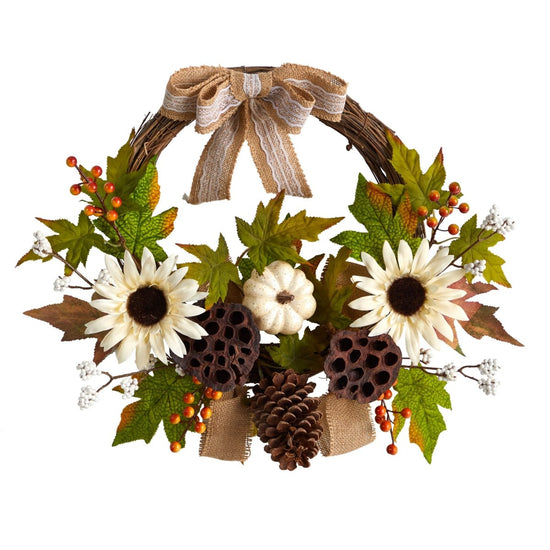 Load image into Gallery viewer, Nearly Natural 20” Autumn Sunflower, White Pumpkin &amp;amp; Dried Lotus Pod Artificial Fall Wreath With Decorative Bow - lily &amp;amp; onyx
