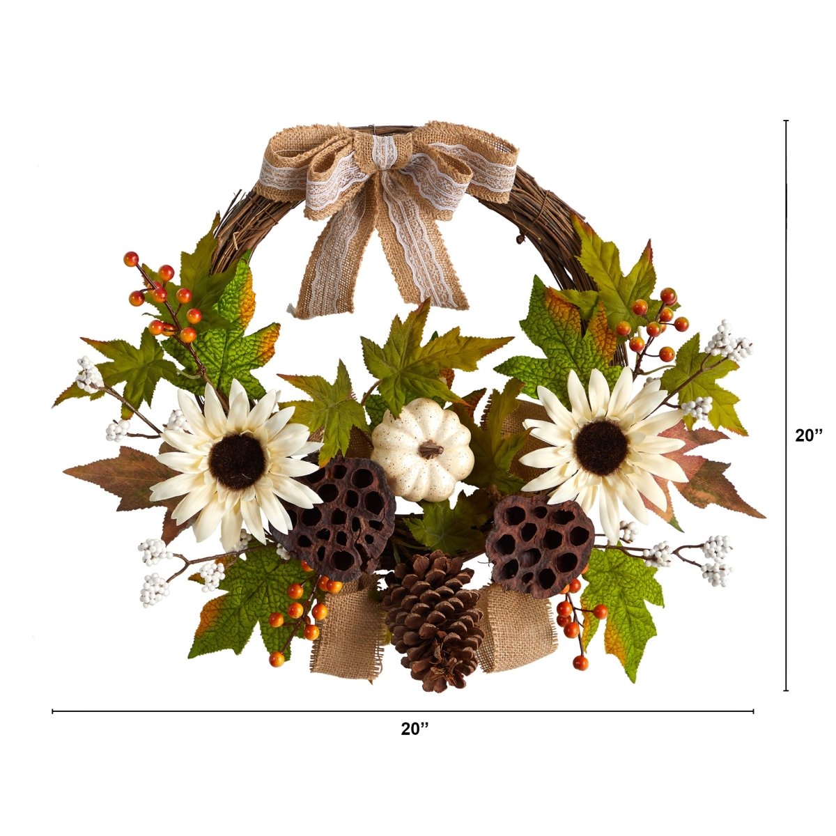 Nearly Natural 20” Autumn Sunflower, White Pumpkin & Dried Lotus Pod Artificial Fall Wreath With Decorative Bow - lily & onyx
