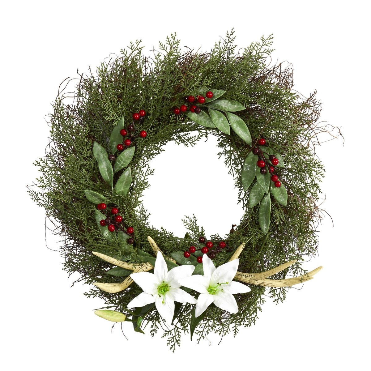 Nearly Natural 20” Cedar, Antlers, Lily And Ruscus With Berries Artificial Wreath - lily & onyx