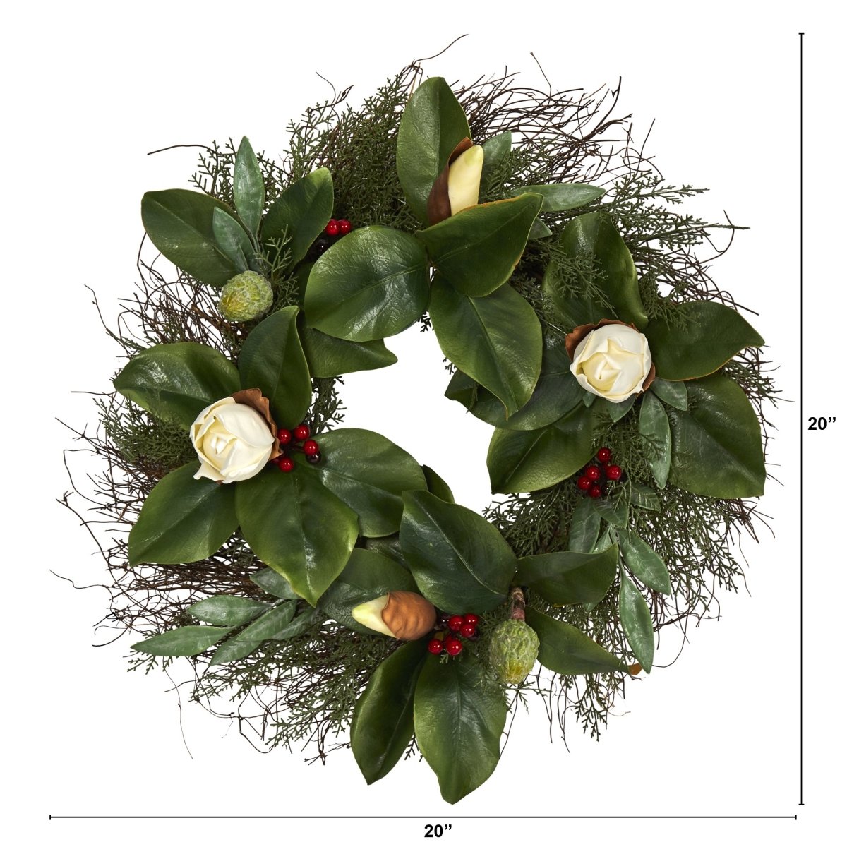 Nearly Natural 20” Cedar, Ruscus And Magnolia With Berries Artificial Wreath - lily & onyx