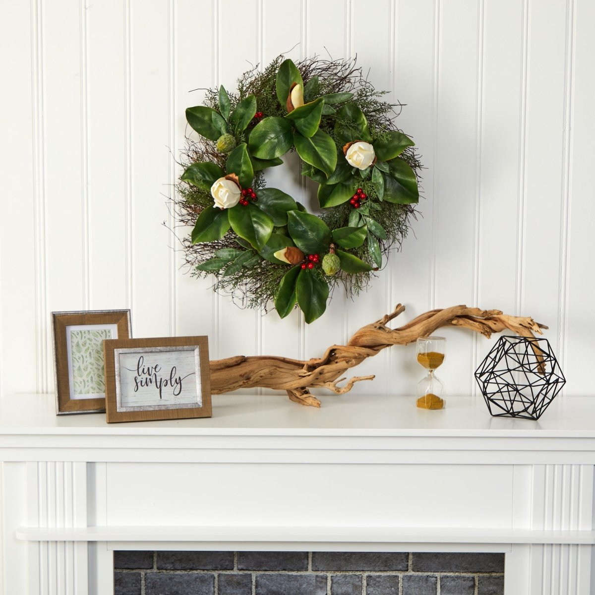 Nearly Natural 20” Cedar, Ruscus And Magnolia With Berries Artificial Wreath - lily & onyx