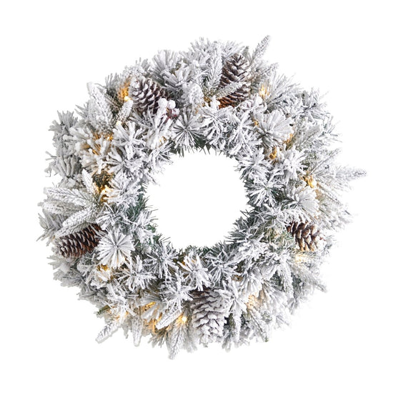 Nearly Natural 20” Flocked Artificial Christmas Wreath With 35 Warm White Led Lights - lily & onyx