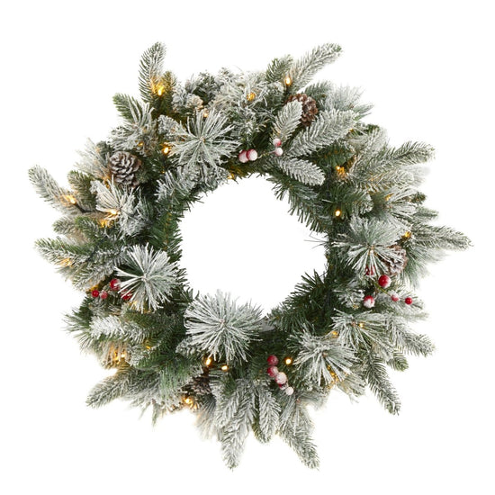 Nearly Natural 20” Flocked Mixed Pine Artificial Christmas Wreath With 50 Led Lights, Pine Cones And Berries - lily & onyx