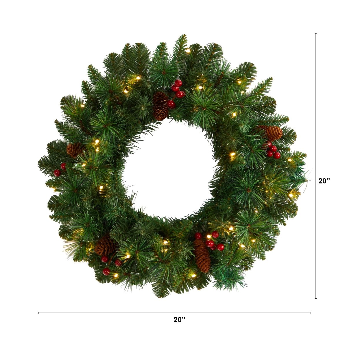 Nearly Natural 20” Frosted Pine Artificial Christmas Wreath With Pinecones, Berries & 35 Warm White Led Lights - lily & onyx