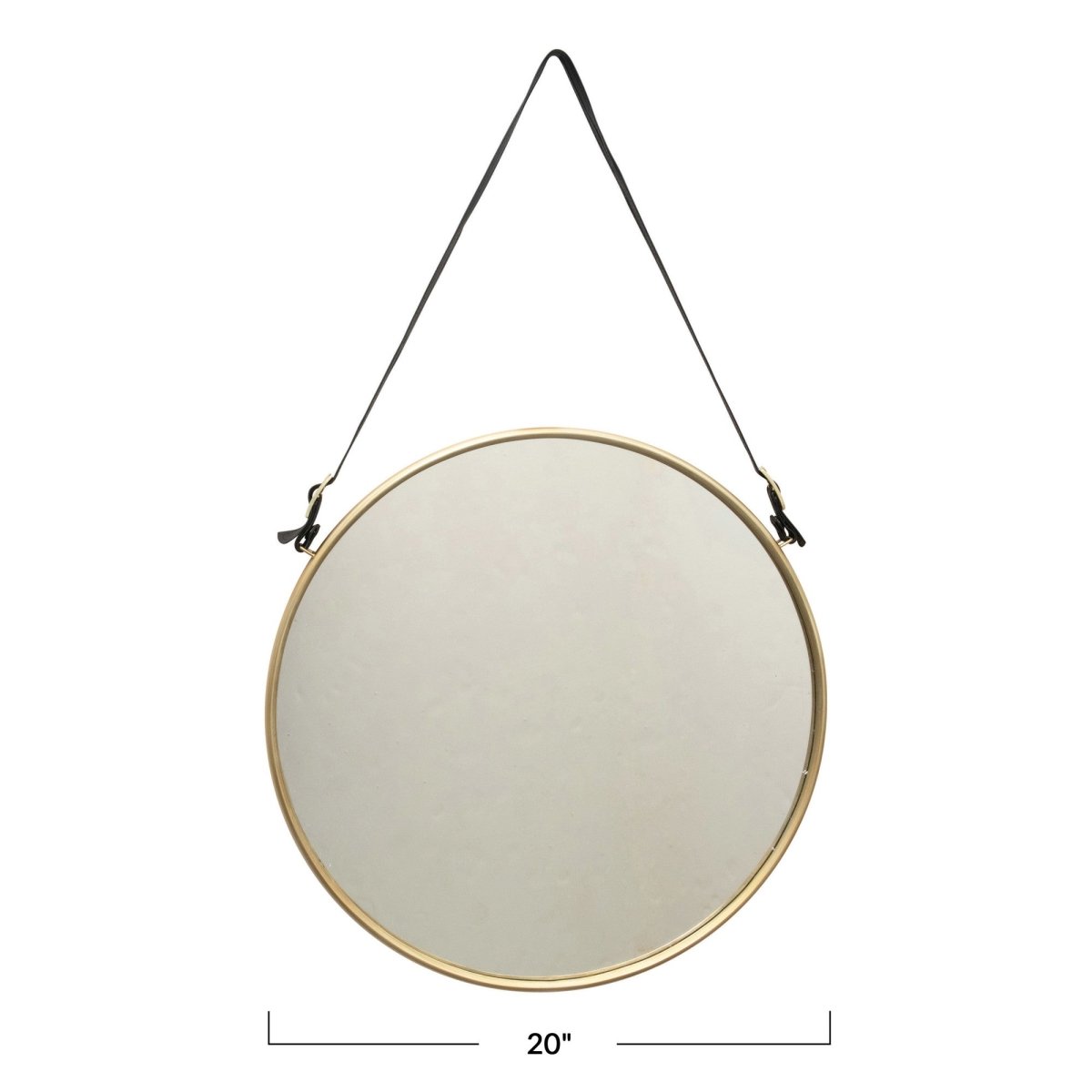 lily & onyx 20" Round Metal & Mdf Hanging Wall Mirror With Buckled Strap, Brushed Brass Finish - lily & onyx