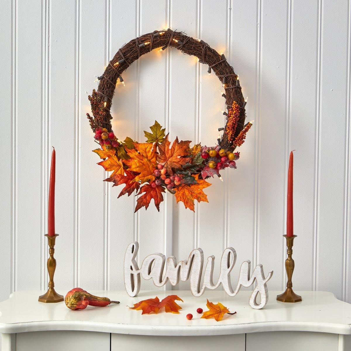 Nearly Natural 21” Maple Leaf And Berries Artificial Wreath With 50 Warm White Led Lights - lily & onyx