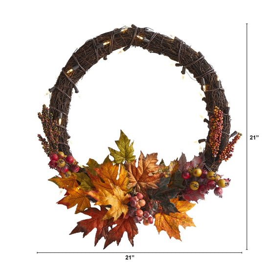 Nearly Natural 21” Maple Leaf And Berries Artificial Wreath With 50 Warm White Led Lights - lily & onyx