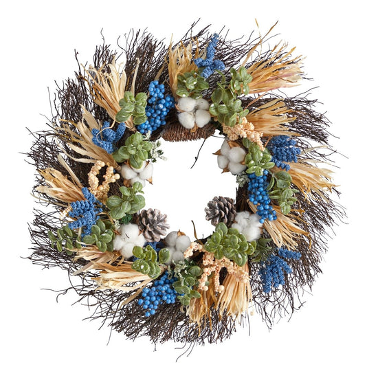Nearly Natural 22” Autumn Cotton, Eucalyptus, Berries And Pinecones Artificial Fall Wreath - lily & onyx