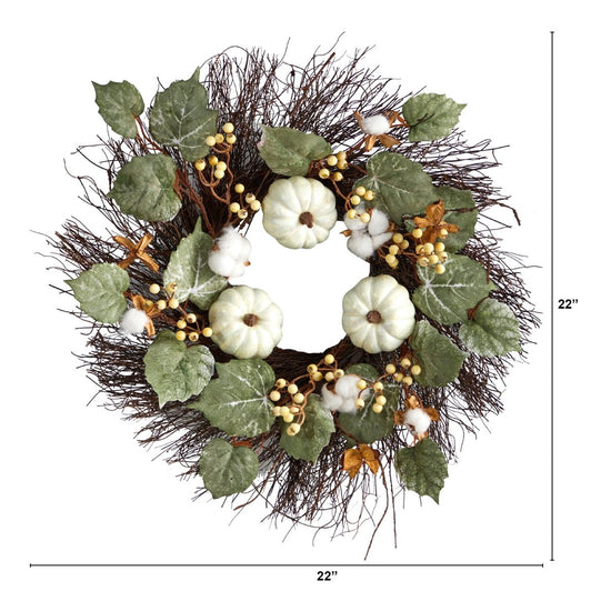 Load image into Gallery viewer, Nearly Natural 22” Autumn Green Pumpkin, Cotton, And Berries Artificial Fall Wreath - lily &amp;amp; onyx
