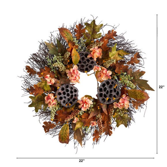 Nearly Natural 22” Autumn Hydrangea, Dried Lotus Pod Artificial Fall Wreath - lily & onyx