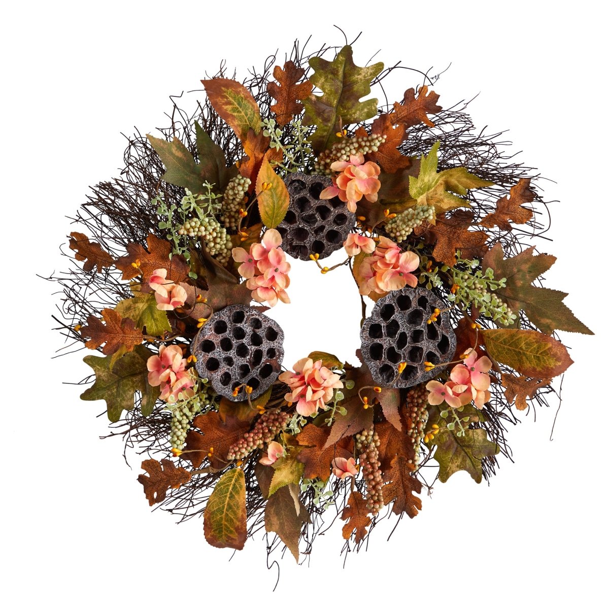 Nearly Natural 22” Autumn Hydrangea, Dried Lotus Pod Artificial Fall Wreath - lily & onyx