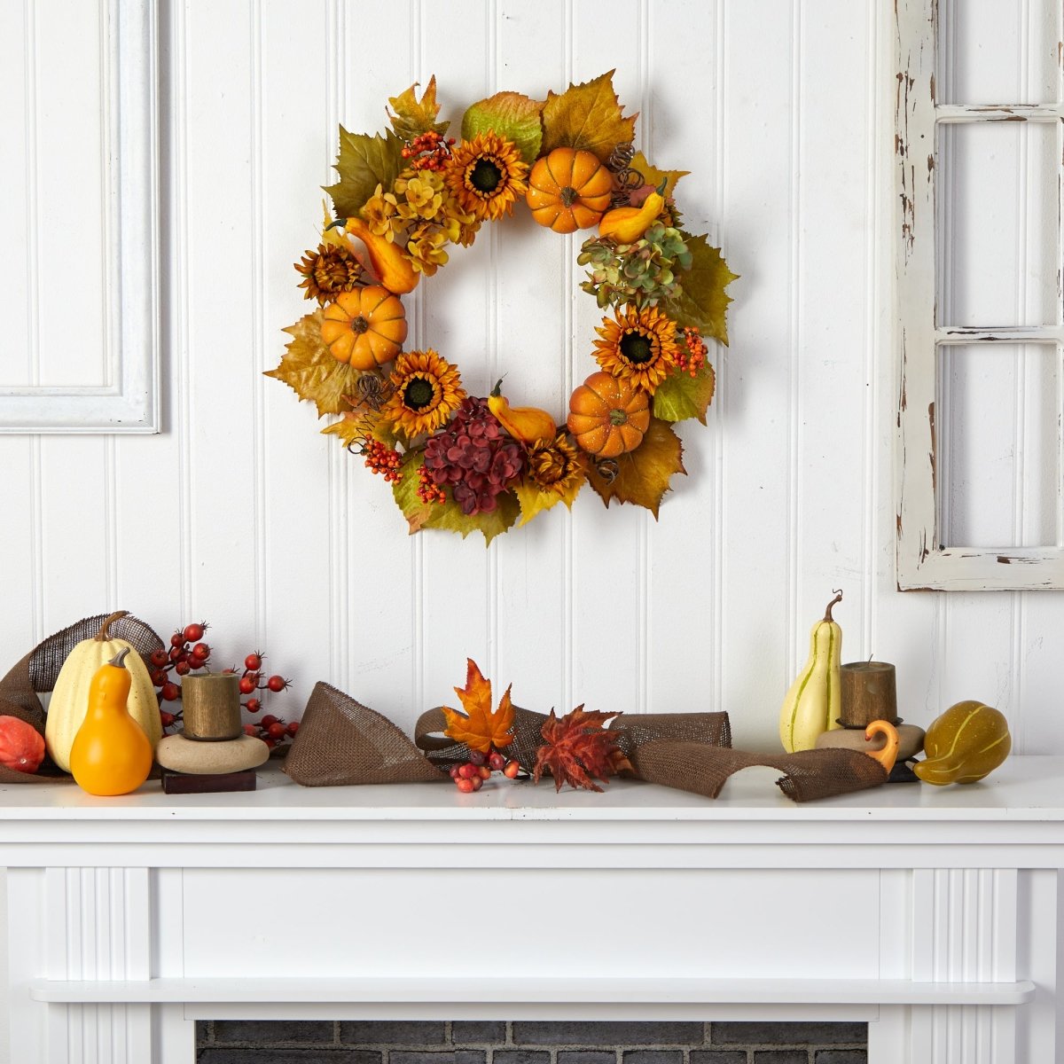 Nearly Natural 22” Autumn Hydrangea, Pumpkin And Sunflower Artificial Fall Wreath - lily & onyx