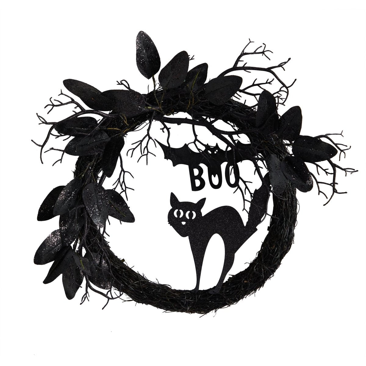 Nearly Natural 22” Halloween Black Cat And Bat Boo Twig Wreath - lily & onyx