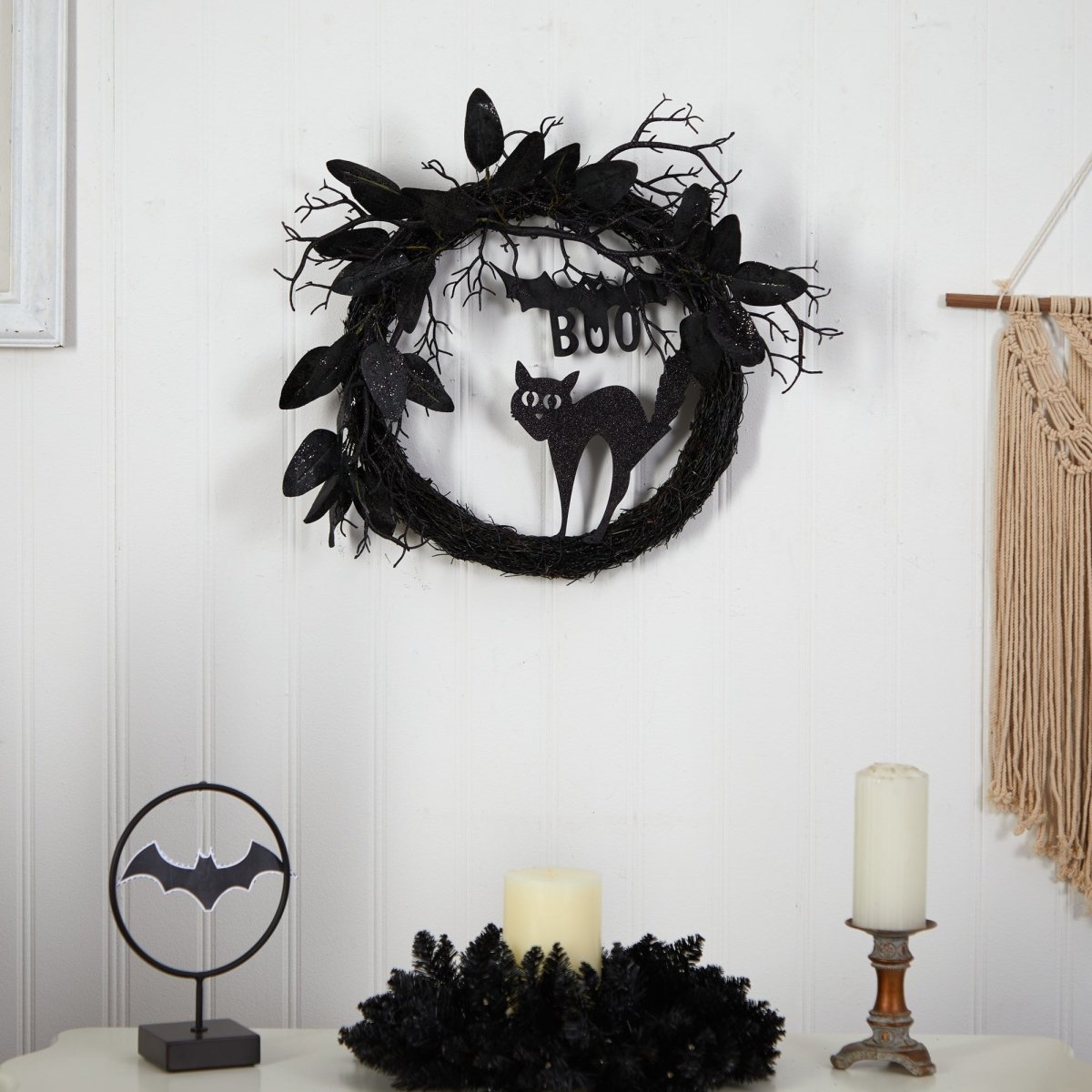 Load image into Gallery viewer, Nearly Natural 22” Halloween Black Cat And Bat Boo Twig Wreath - lily &amp;amp; onyx
