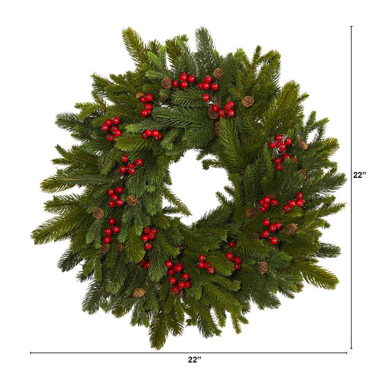 Nearly Natural 22” Pine, Pinecone And Berry Artificial Wreath - lily & onyx