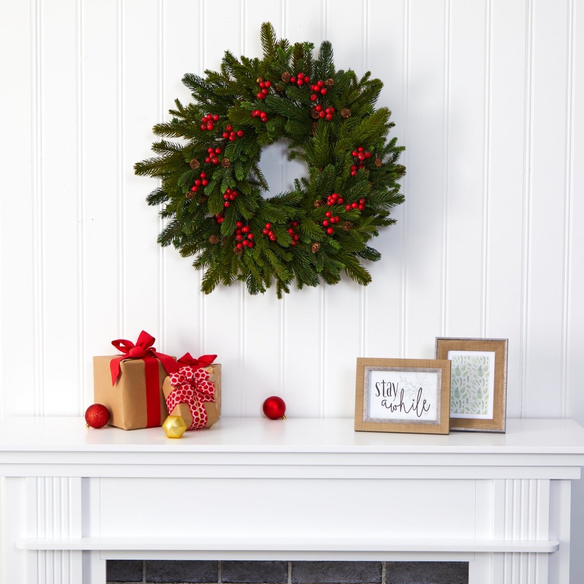 Load image into Gallery viewer, Nearly Natural 22” Pine, Pinecone And Berry Artificial Wreath - lily &amp;amp; onyx
