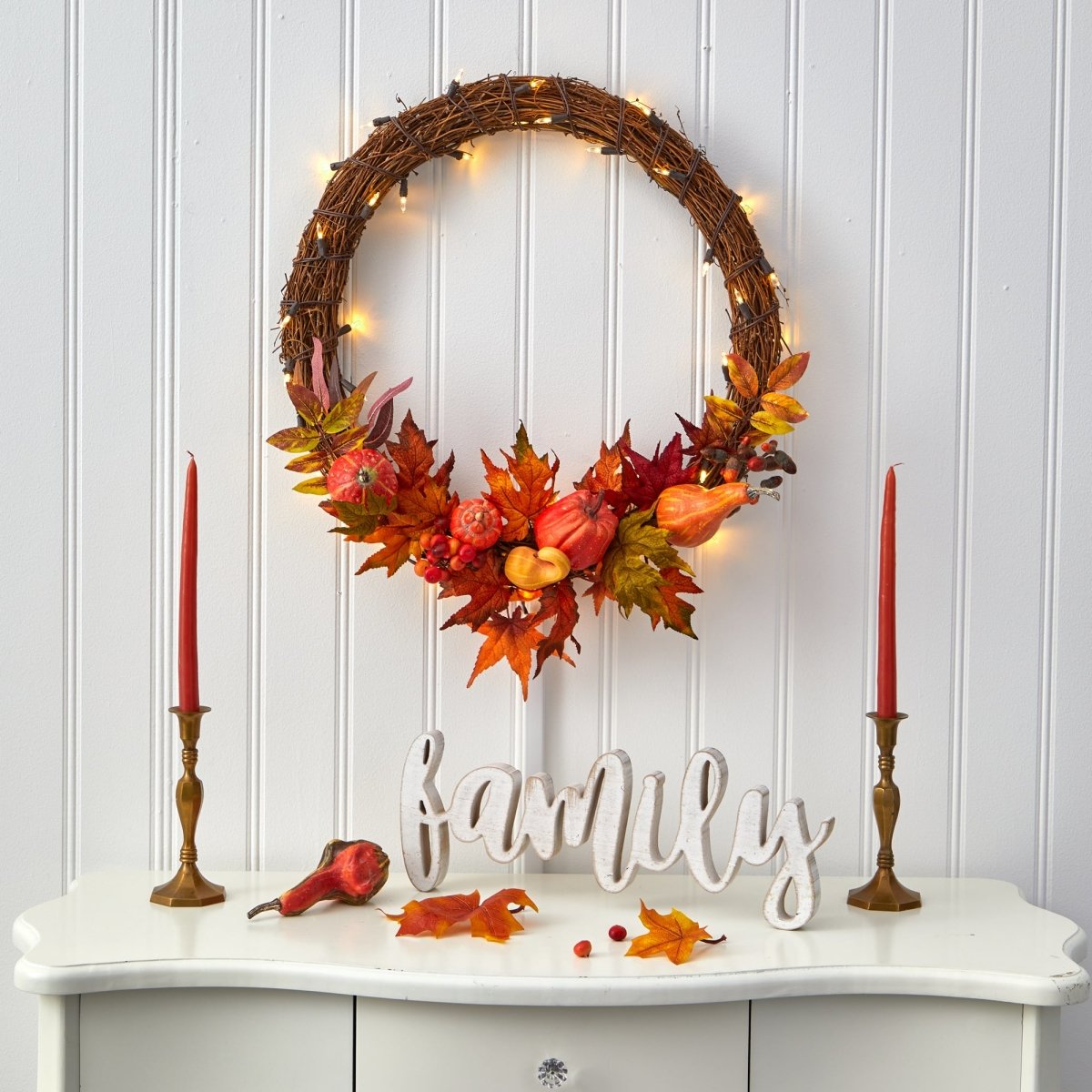 Nearly Natural 22” Pumpkin And Maple Artificial Autumn Wreath With 50 Warm White Led Lights - lily & onyx