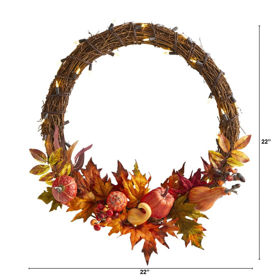 Nearly Natural 22” Pumpkin And Maple Artificial Autumn Wreath With 50 Warm White Led Lights - lily & onyx