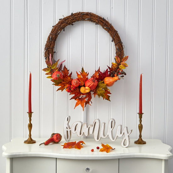 Load image into Gallery viewer, Nearly Natural 22” Pumpkin And Maple Artificial Autumn Wreath With 50 Warm White Led Lights - lily &amp;amp; onyx
