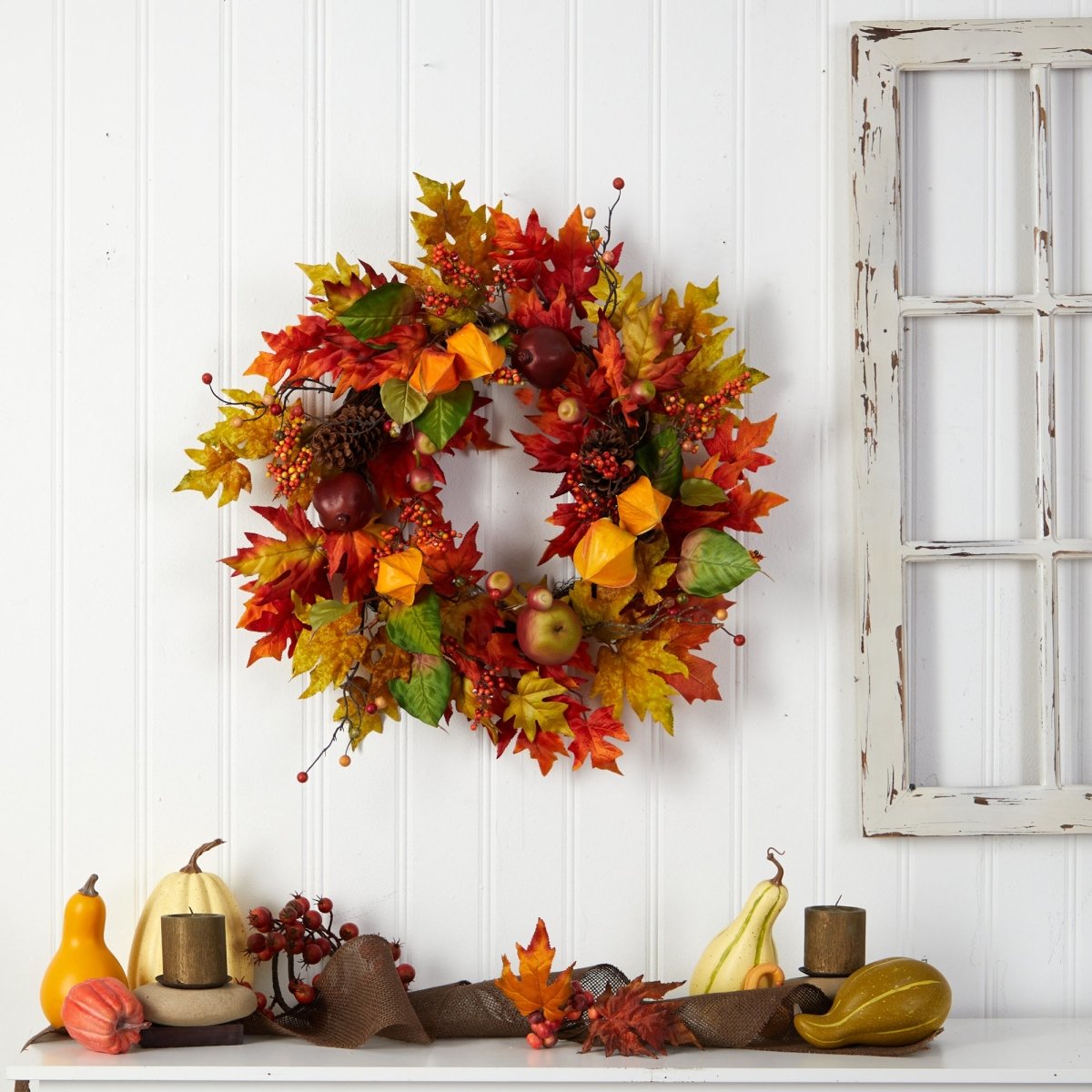 Nearly Natural 24” Autumn Maple Leaf And Berries Fall Artificial Wreath - lily & onyx