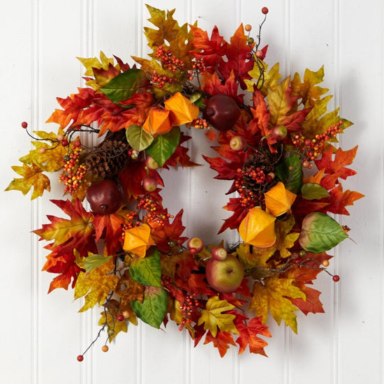 Nearly Natural 24” Autumn Maple Leaf And Berries Fall Artificial Wreath - lily & onyx