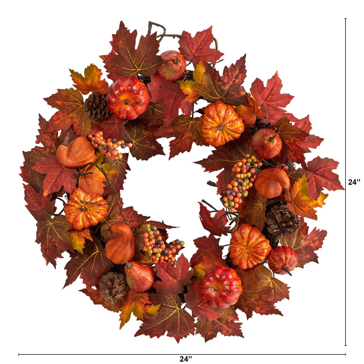 Nearly Natural 24” Autumn Maple Leaves, Pumpkin, Pinecone, And Berries Artificial Fall Wreath - lily & onyx