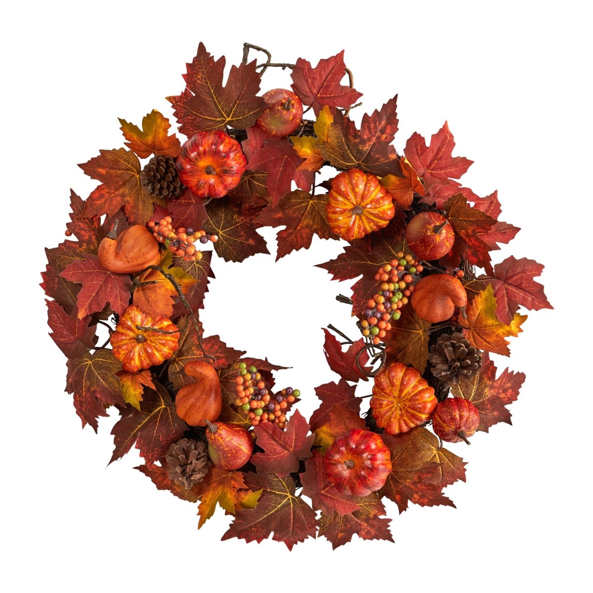 Nearly Natural 24” Autumn Maple Leaves, Pumpkin, Pinecone, And Berries Artificial Fall Wreath - lily & onyx
