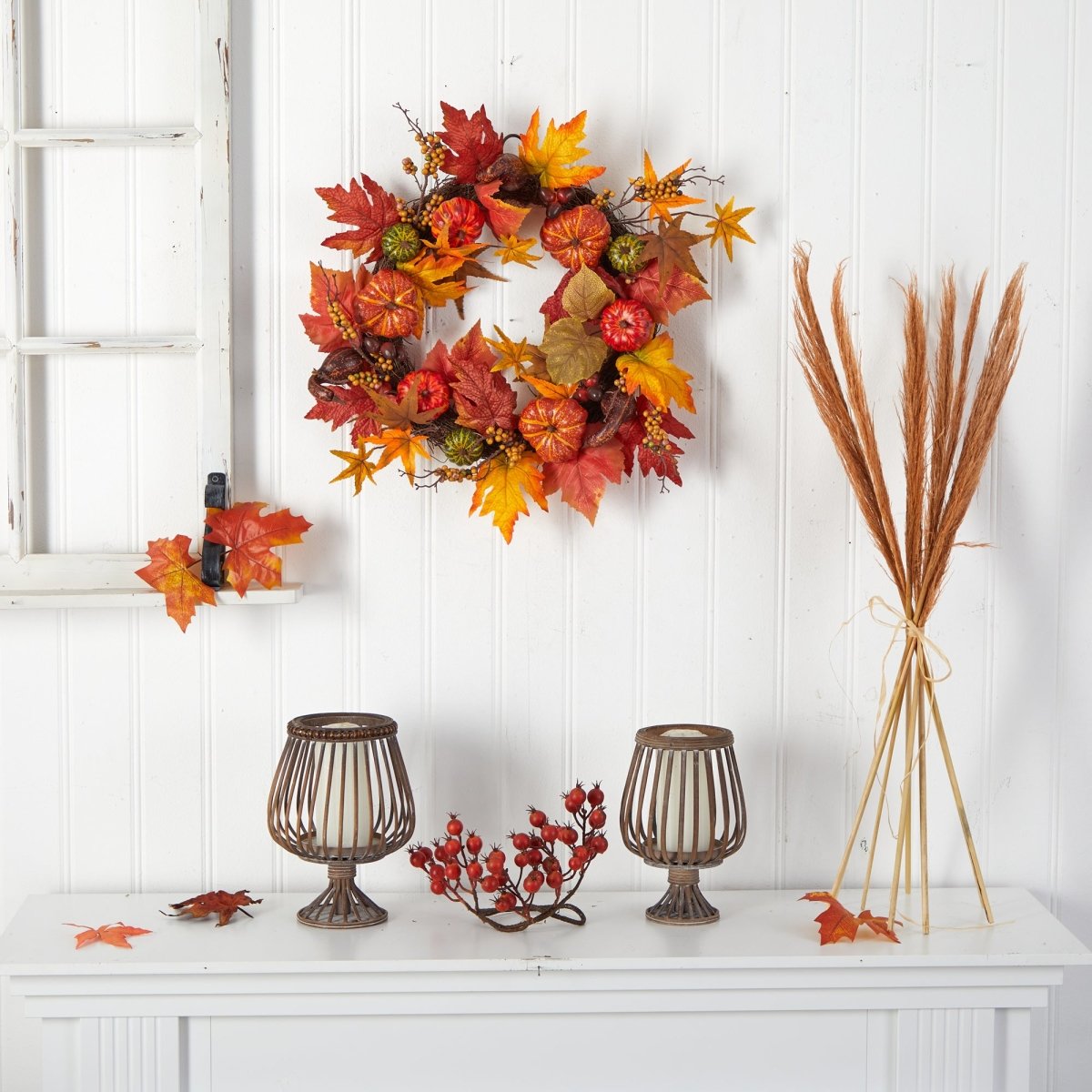 Nearly Natural 24” Autumn Pumpkin And Berries Artificial Fall Wreath - lily & onyx