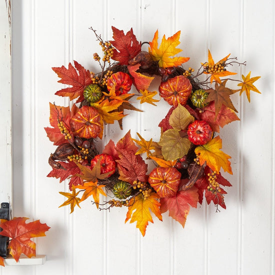 Nearly Natural 24” Autumn Pumpkin And Berries Artificial Fall Wreath - lily & onyx