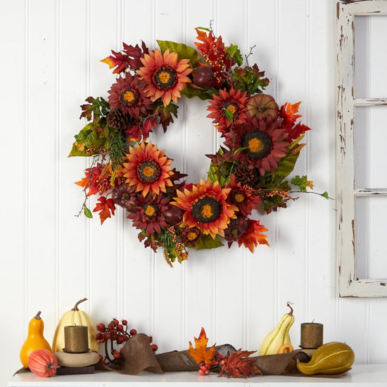 Nearly Natural 24” Autumn Sunflower, Pumpkin, Pinecone And Berries Fall Artificial Wreath - lily & onyx