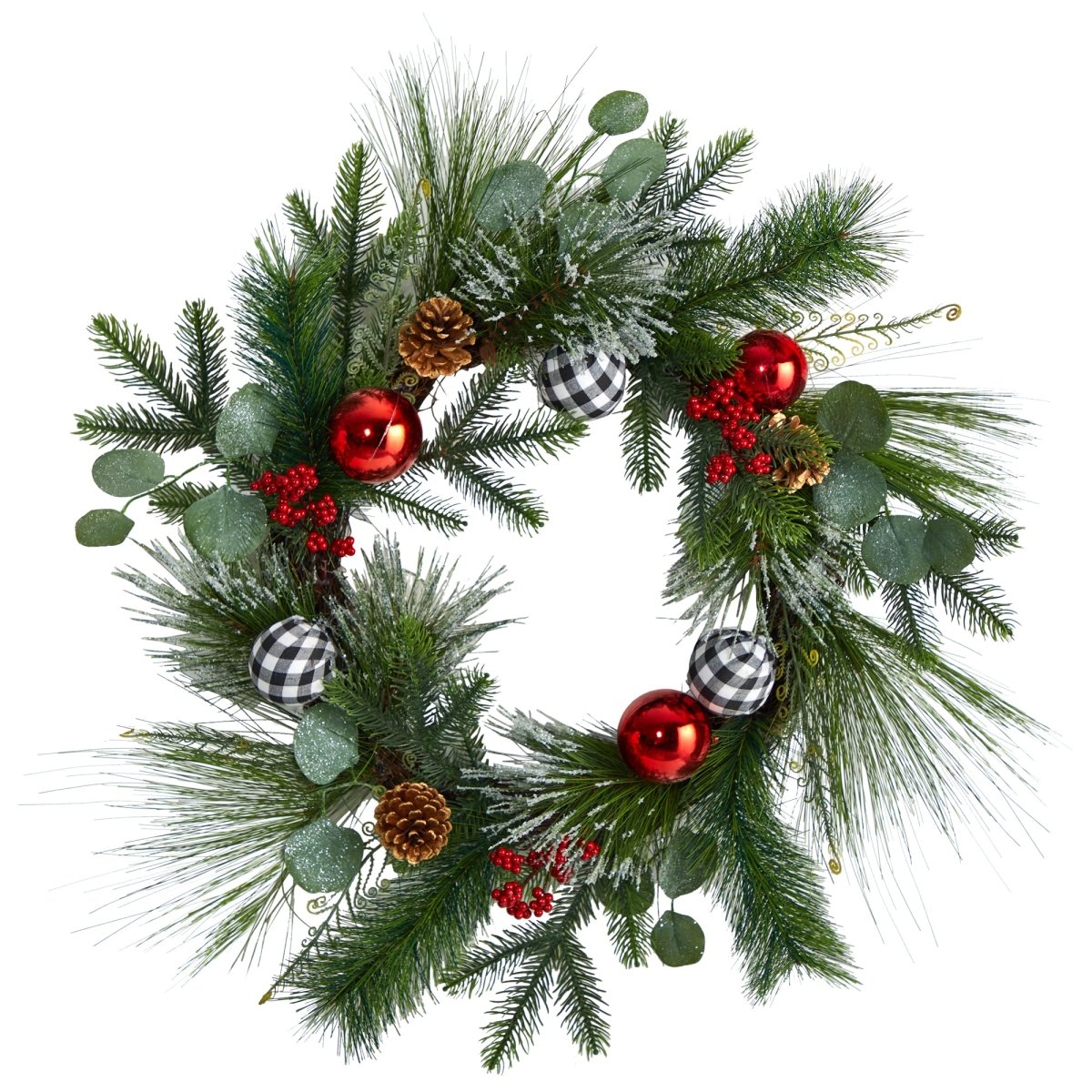 Nearly Natural 24” Berry And Pinecone Artificial Christmas Wreath With Ornaments - lily & onyx