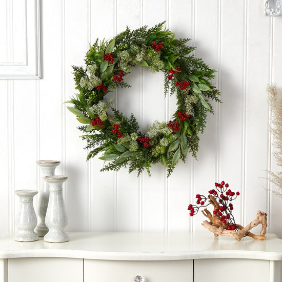 Nearly Natural 24” Cedar, Eucalyptus And Berries Artificial Christmas Wreath - lily & onyx