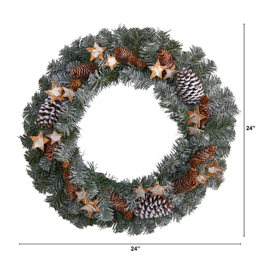 Nearly Natural 24” Christmas Winter Frosted Stars And Pinecones Holiday Wreath - lily & onyx