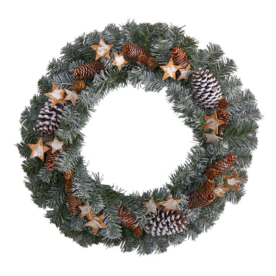 Nearly Natural 24” Christmas Winter Frosted Stars And Pinecones Holiday Wreath - lily & onyx