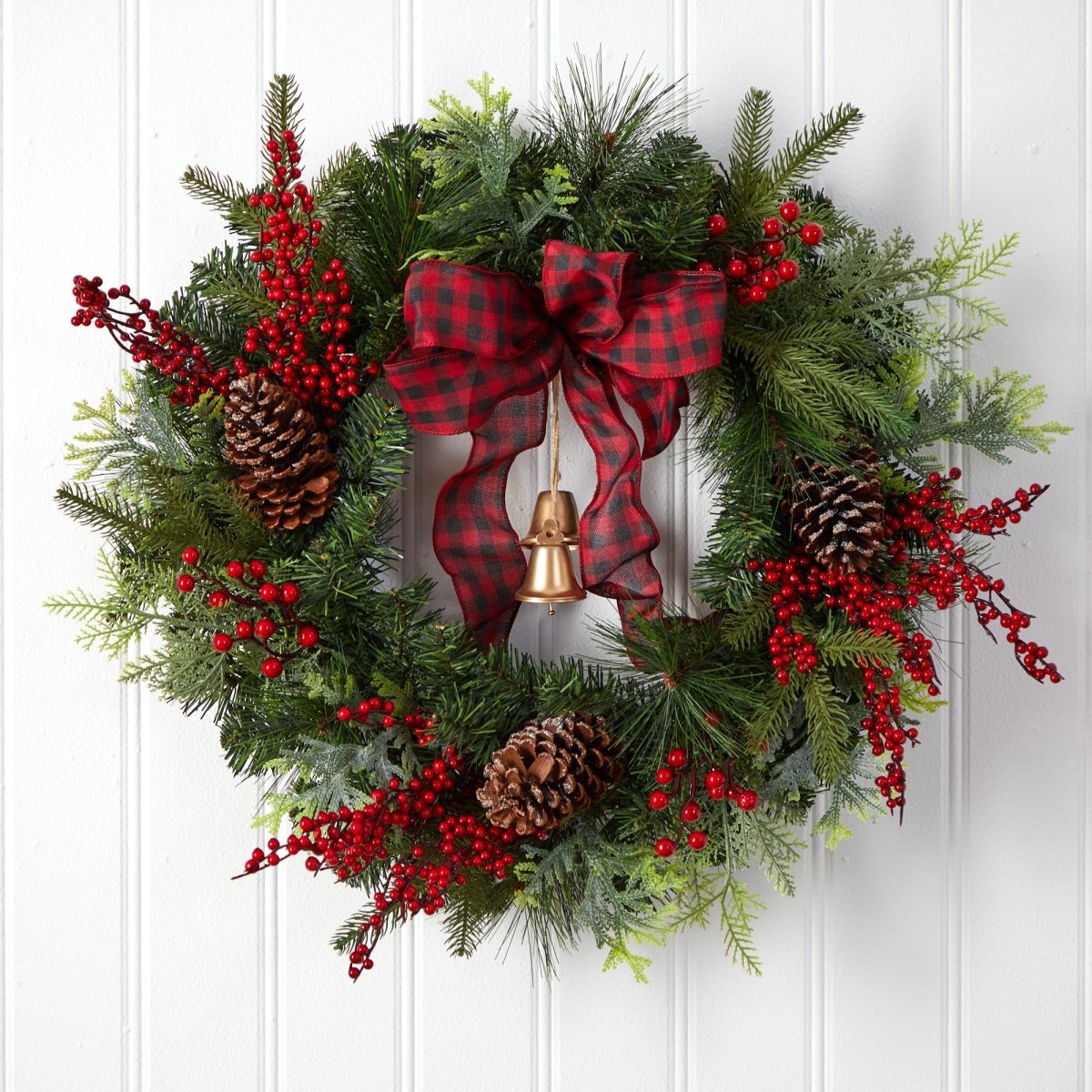 Nearly Natural 24” Decorated Christmas Artificial Wreath With Bow And 130 Bendable Branches - lily & onyx