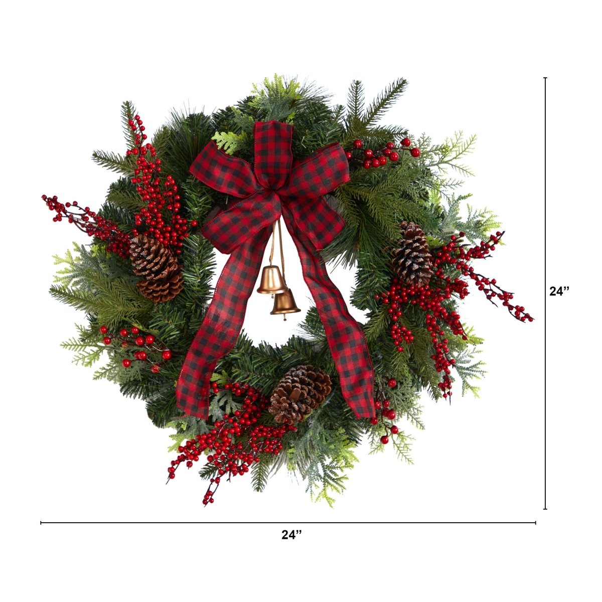 Nearly Natural 24” Decorated Christmas Artificial Wreath With Bow And 130 Bendable Branches - lily & onyx