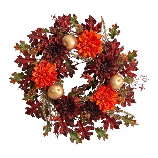 Nearly Natural 24” Fall Dahlia, Golden Apple, Oak Leaf And Berries Autumn Artificial Wreath - lily & onyx