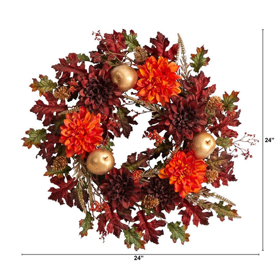 Nearly Natural 24” Fall Dahlia, Golden Apple, Oak Leaf And Berries Autumn Artificial Wreath - lily & onyx
