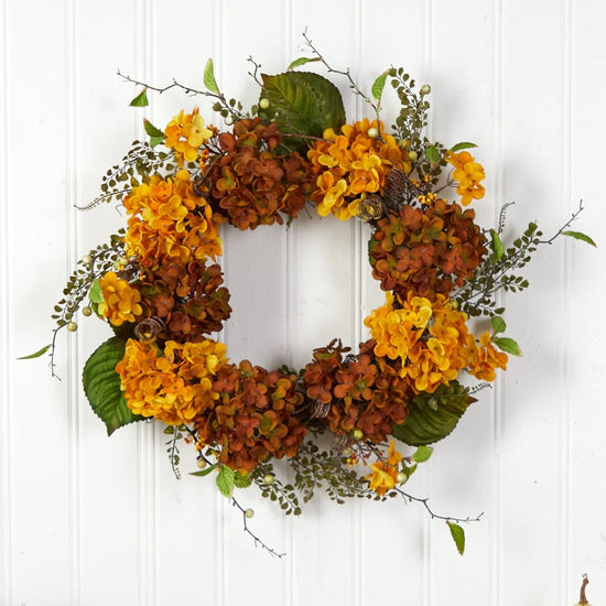 Nearly Natural 24” Fall Hydrangea Artificial Autumn Wreath - lily & onyx